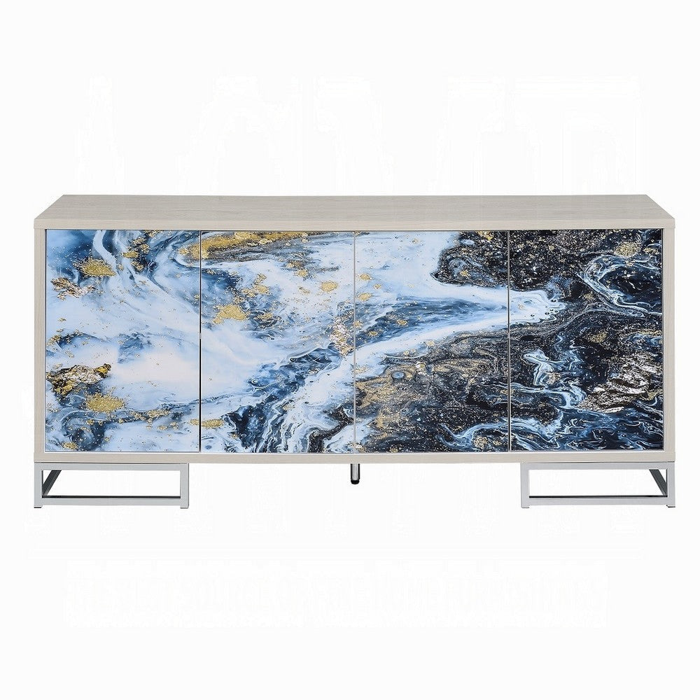 Sideboard Console Cabinet 4 Door 65 Inch Blue Marble Paint White BM324702