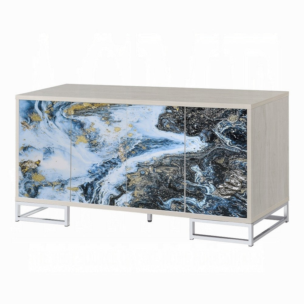 Sideboard Console Cabinet 4 Door 65 Inch Blue Marble Paint White BM324702
