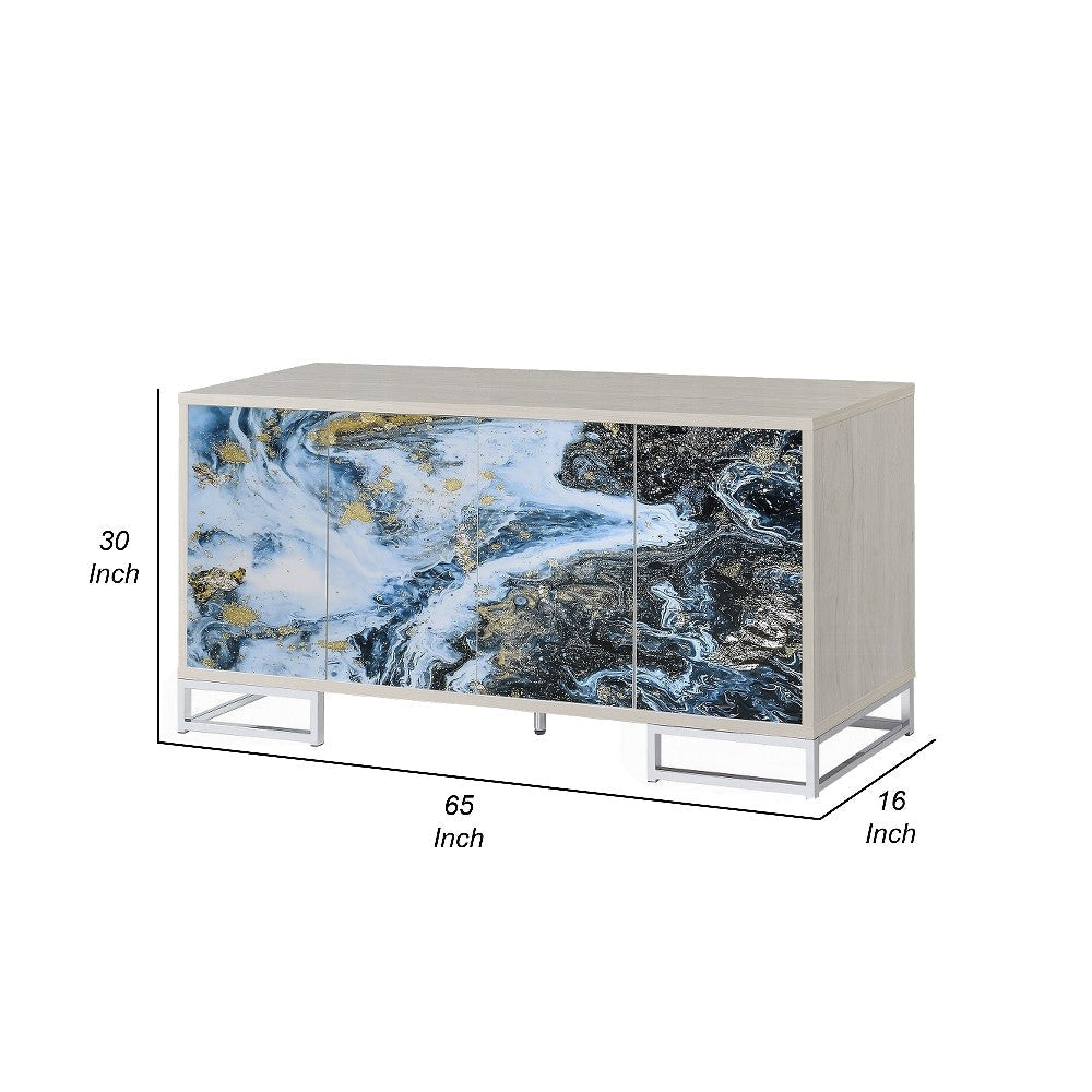 Sideboard Console Cabinet 4 Door 65 Inch Blue Marble Paint White BM324702