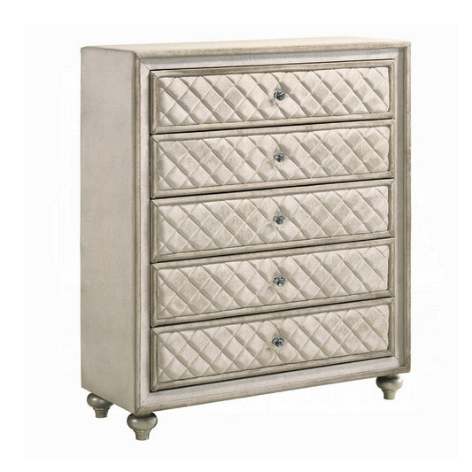 Willa Tall Dresser Chest, 5 Drawers, Faux Crystal, Tufted Beige Velvet