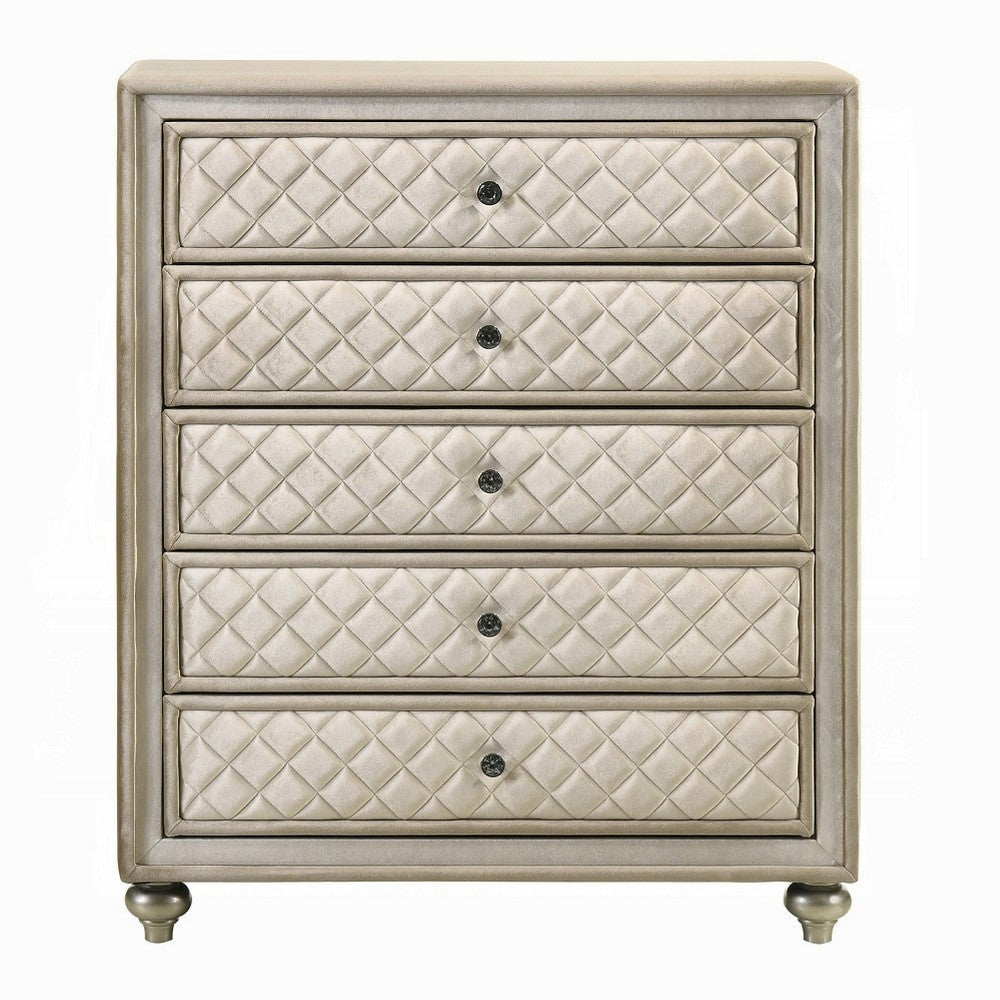 Willa Tall Dresser Chest 5 Drawers Faux Crystal Tufted Beige Velvet BM324703