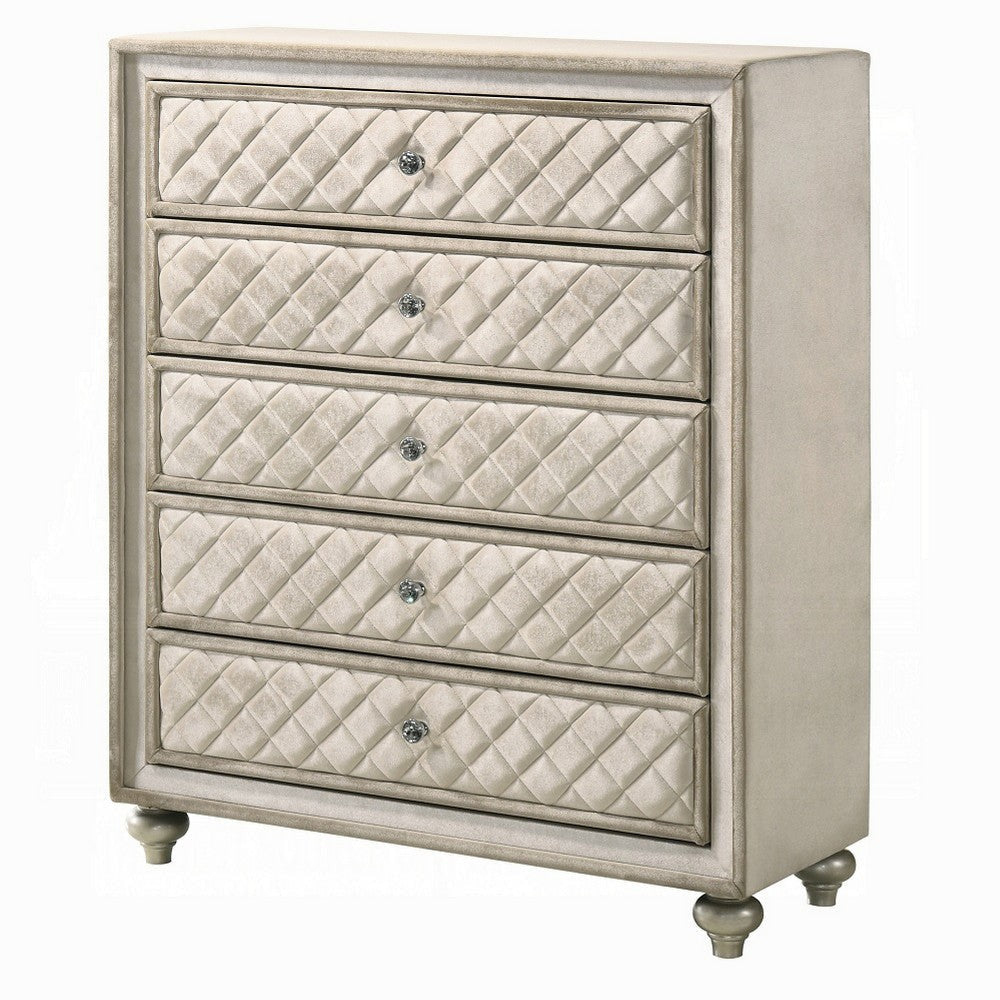 Willa Tall Dresser Chest 5 Drawers Faux Crystal Tufted Beige Velvet BM324703