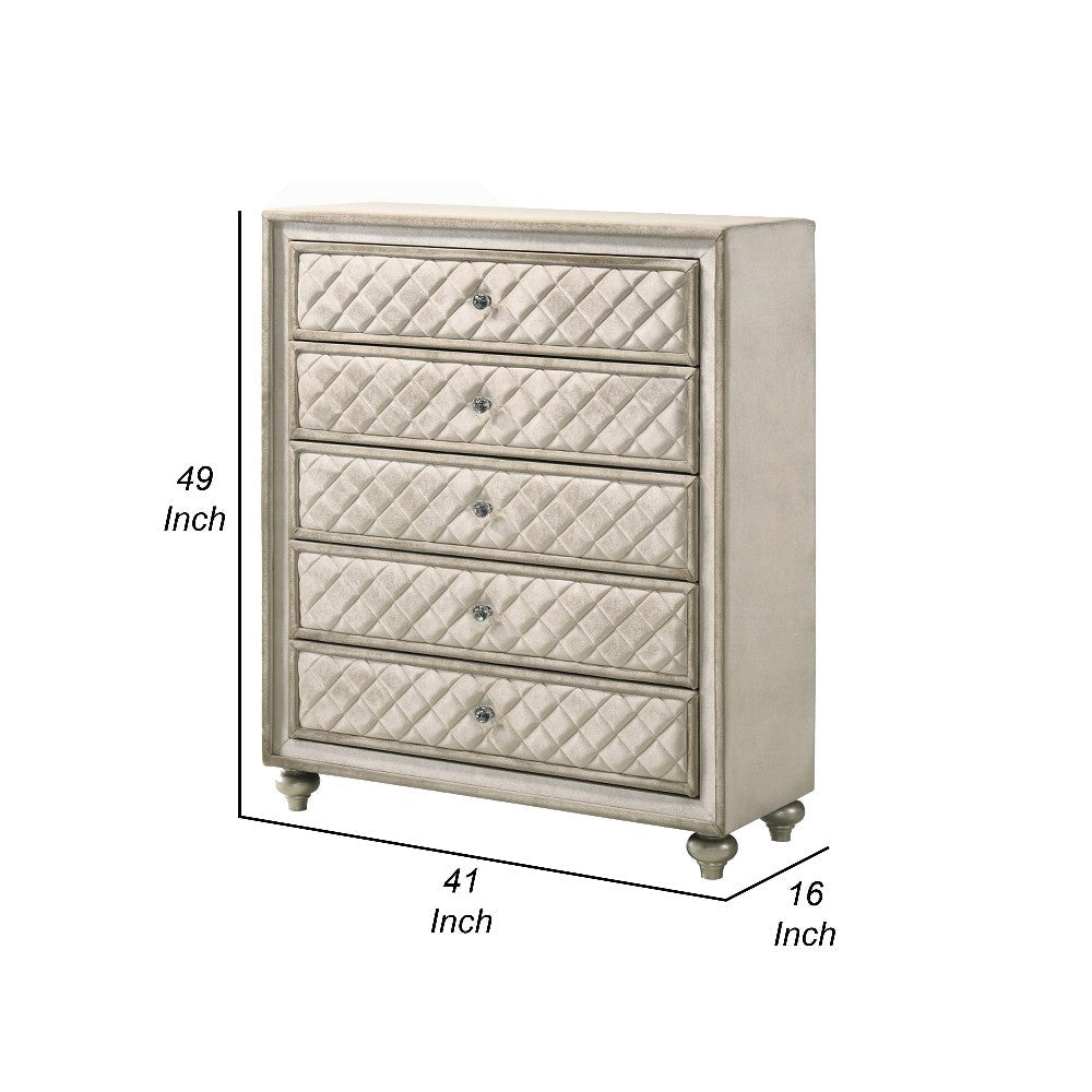 Willa Tall Dresser Chest 5 Drawers Faux Crystal Tufted Beige Velvet BM324703