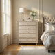 Willa Tall Dresser Chest, 5 Drawers, Faux Crystal, Tufted Beige Velvet