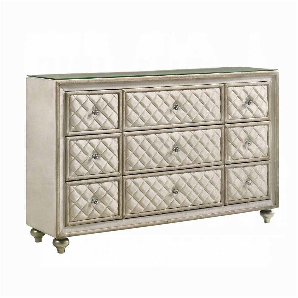 Willa Wide Dresser Chest 9 Drawers Faux Crystal Tufted Beige Velvet BM324704