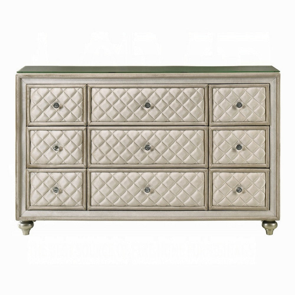 Willa Wide Dresser Chest 9 Drawers Faux Crystal Tufted Beige Velvet BM324704