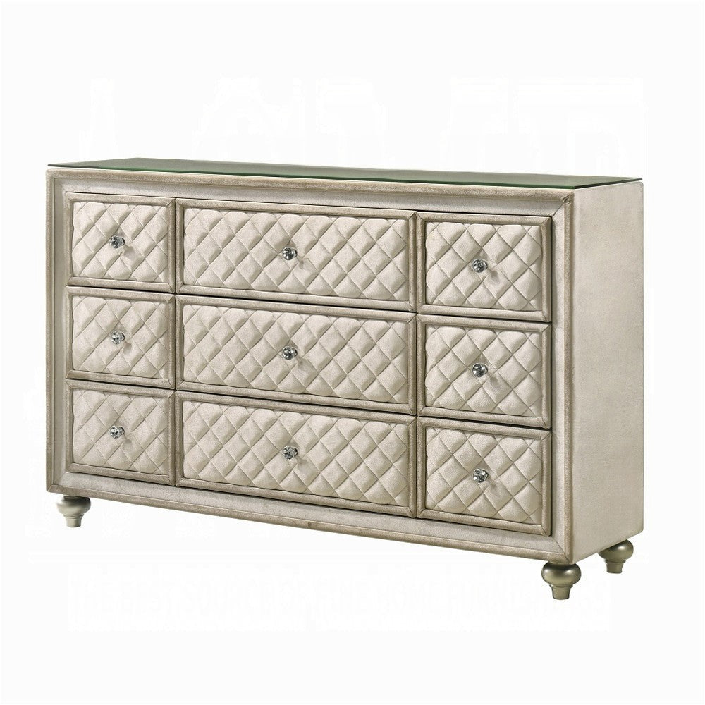 Willa Wide Dresser Chest 9 Drawers Faux Crystal Tufted Beige Velvet BM324704