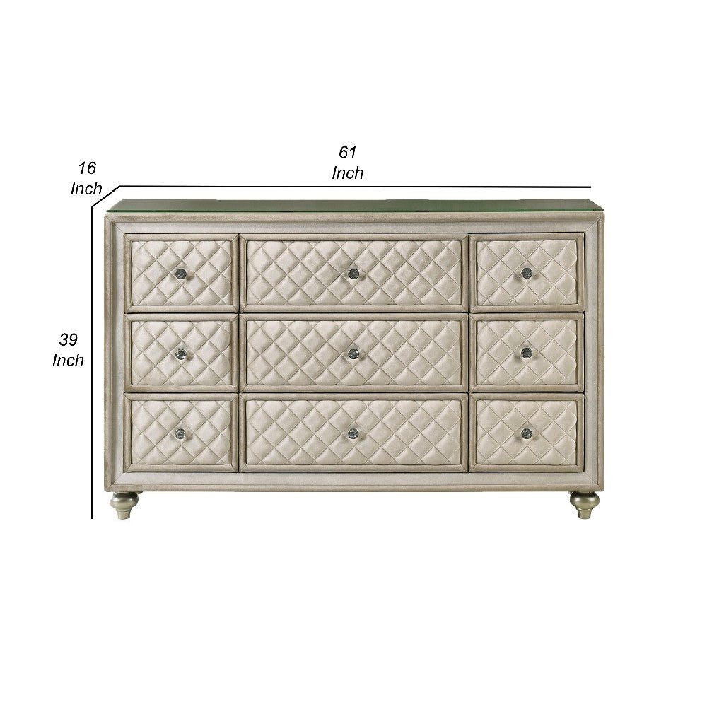 Willa Wide Dresser Chest 9 Drawers Faux Crystal Tufted Beige Velvet BM324704