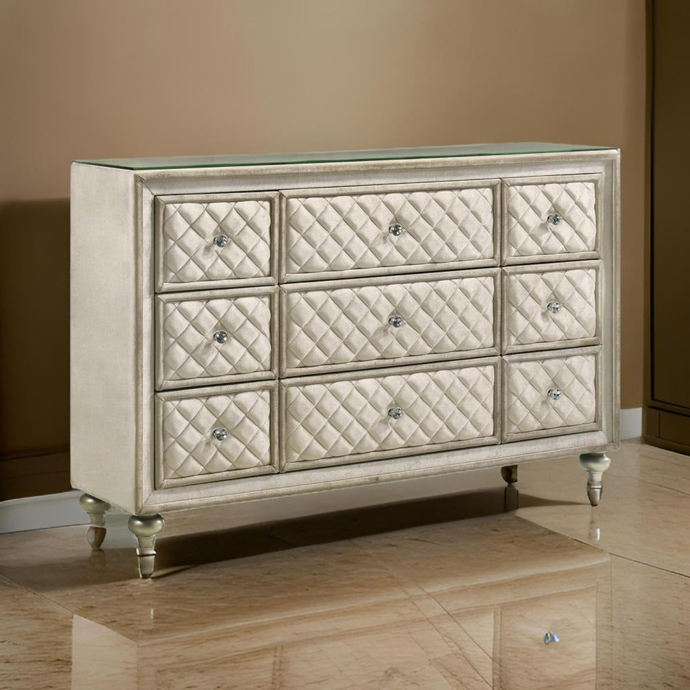 Willa Wide Dresser Chest, 9 Drawers, Faux Crystal, Tufted Beige Velvet