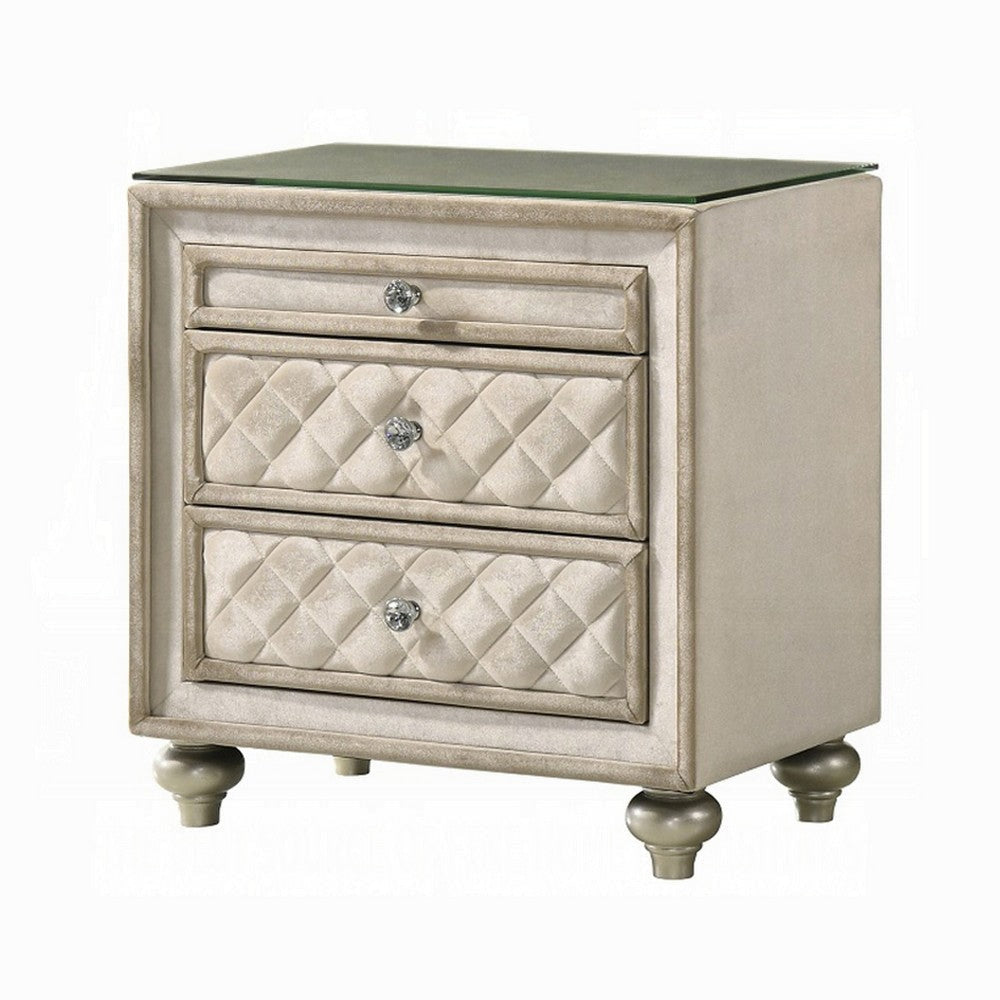 Willa Nightstand 2 Drawers Pull Out Tray 27’’ Wood Beige Velvet BM324705