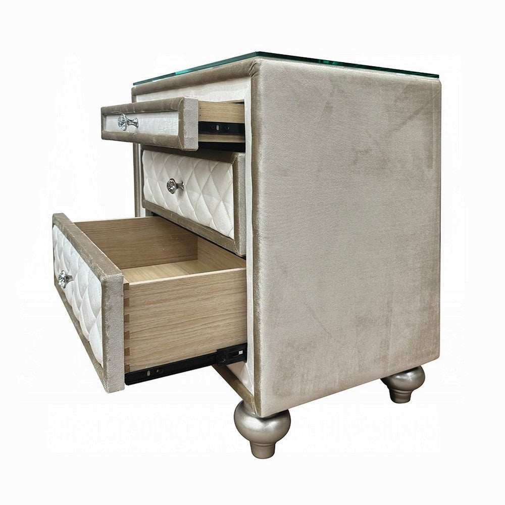 Willa Nightstand 2 Drawers Pull Out Tray 27’’ Wood Beige Velvet BM324705