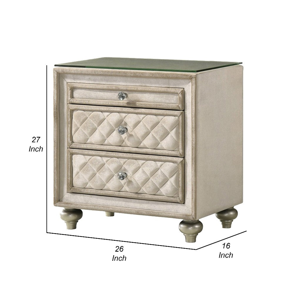 Willa Nightstand 2 Drawers Pull Out Tray 27’’ Wood Beige Velvet BM324705