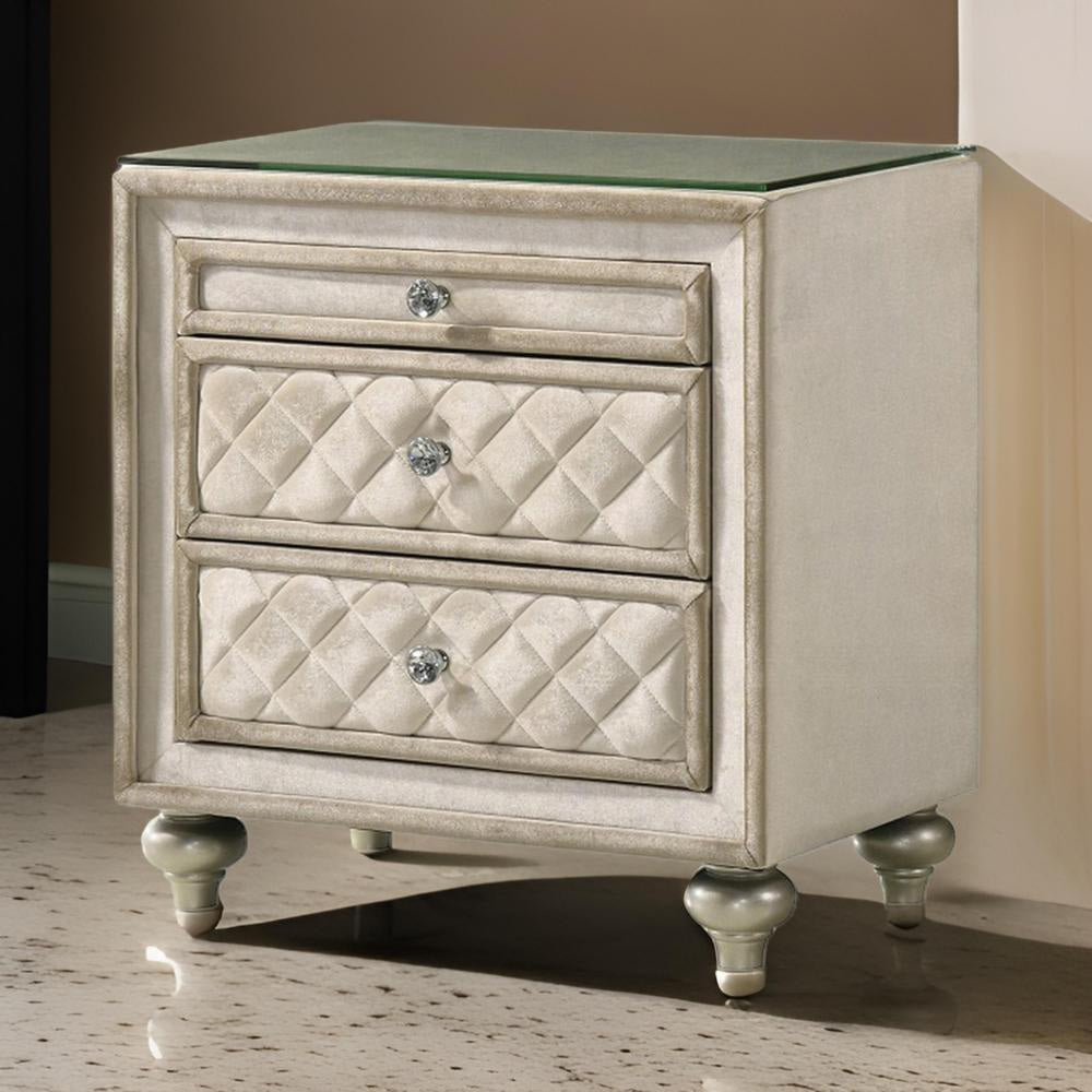 Willa Nightstand, 2 Drawers, Pull Out Tray, 27" Wood, Beige Velvet