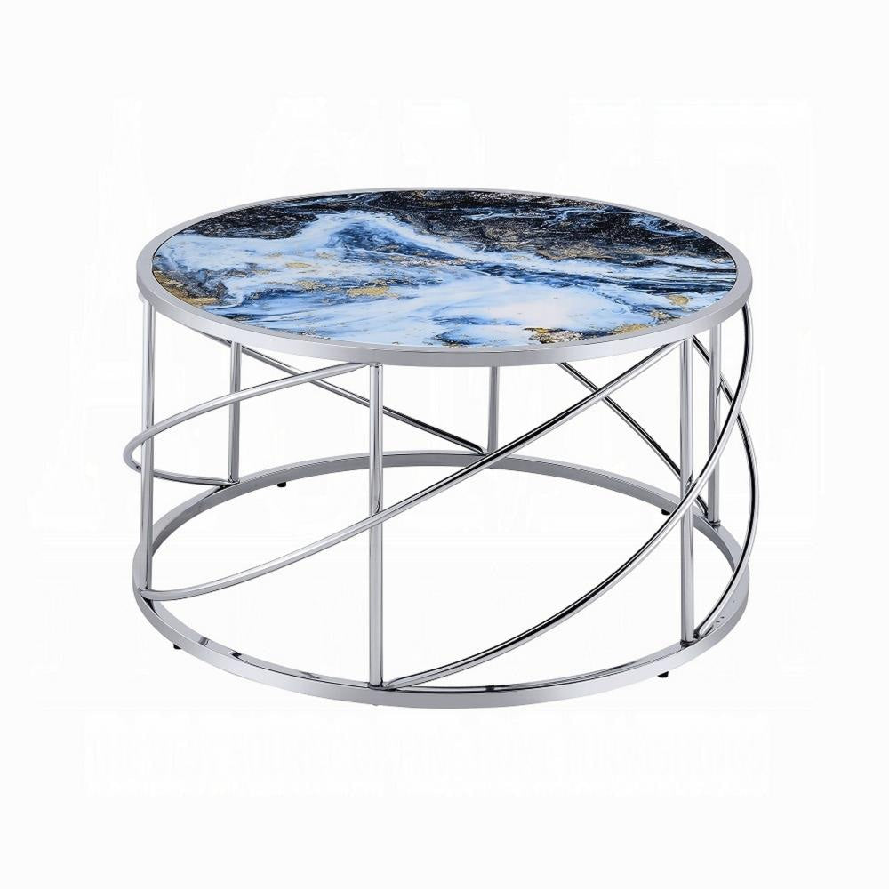 Shira Round Coffee Table, 33 Inch, Open Chrome Base, Blue Faux Marble