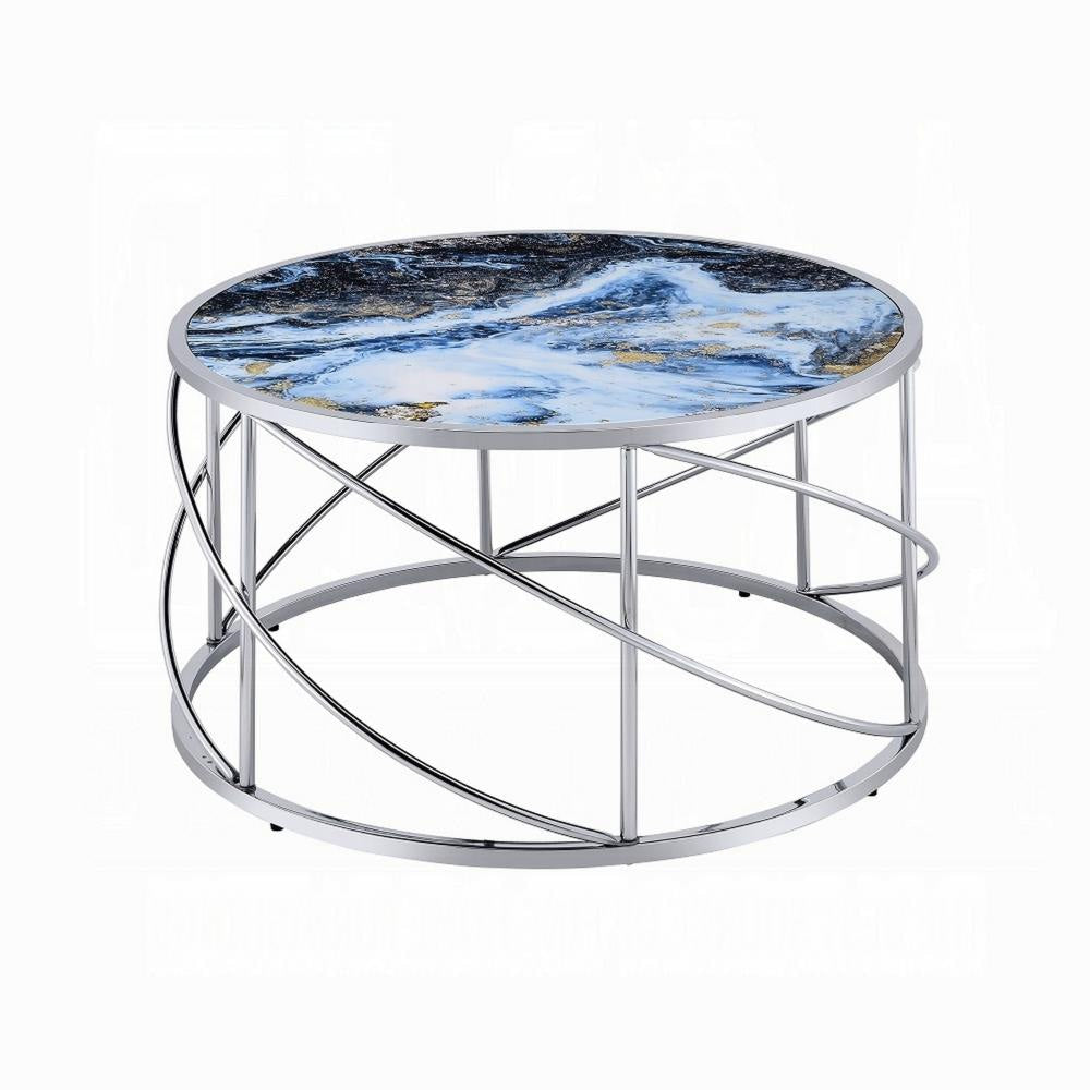 Shira Round Coffee Table 33 Inch Open Chrome Base Blue Faux Marble BM324706