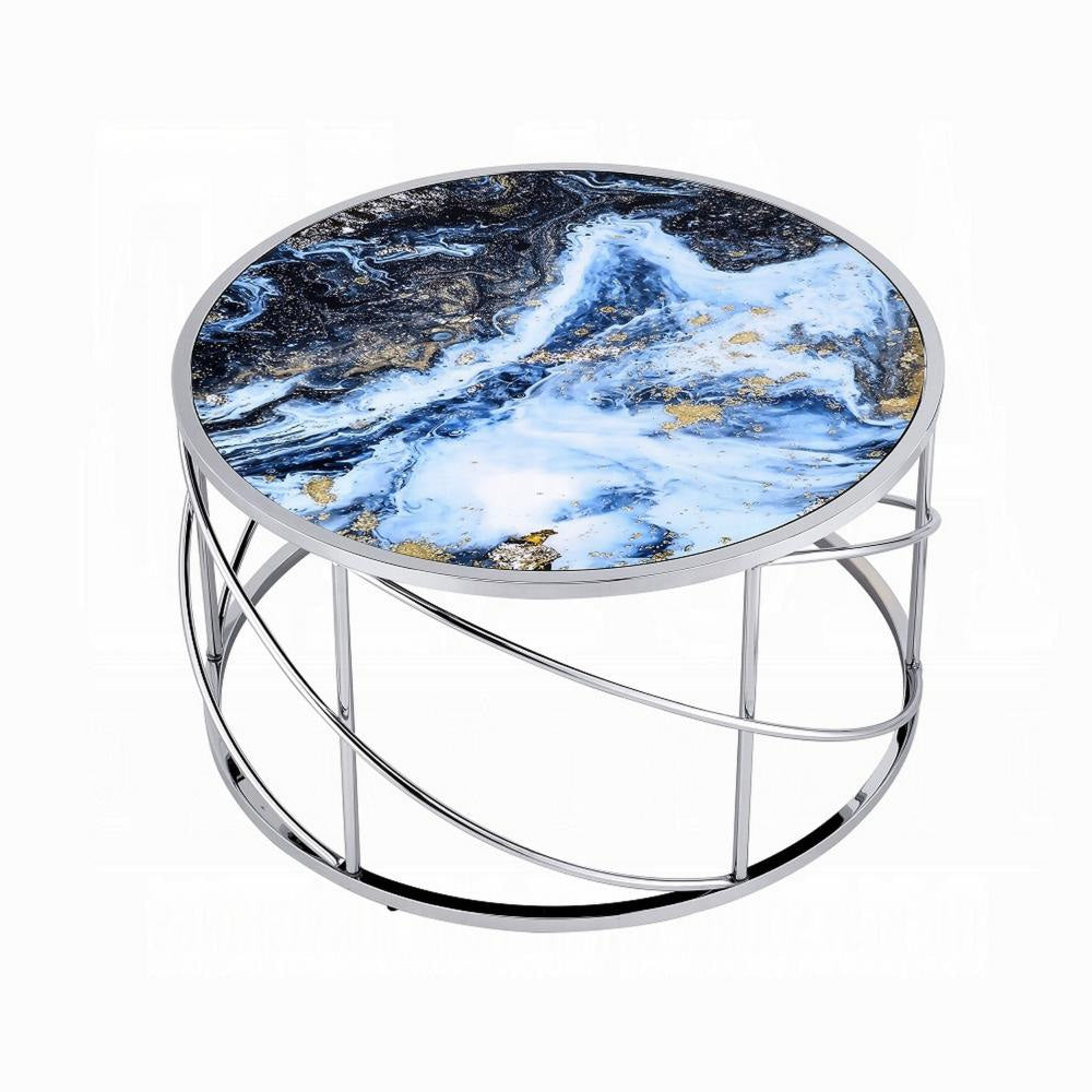 Shira Round Coffee Table 33 Inch Open Chrome Base Blue Faux Marble BM324706
