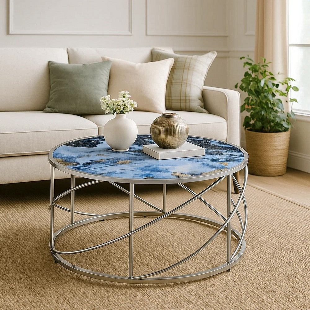 Shira Round Coffee Table, 33 Inch, Open Chrome Base, Blue Faux Marble