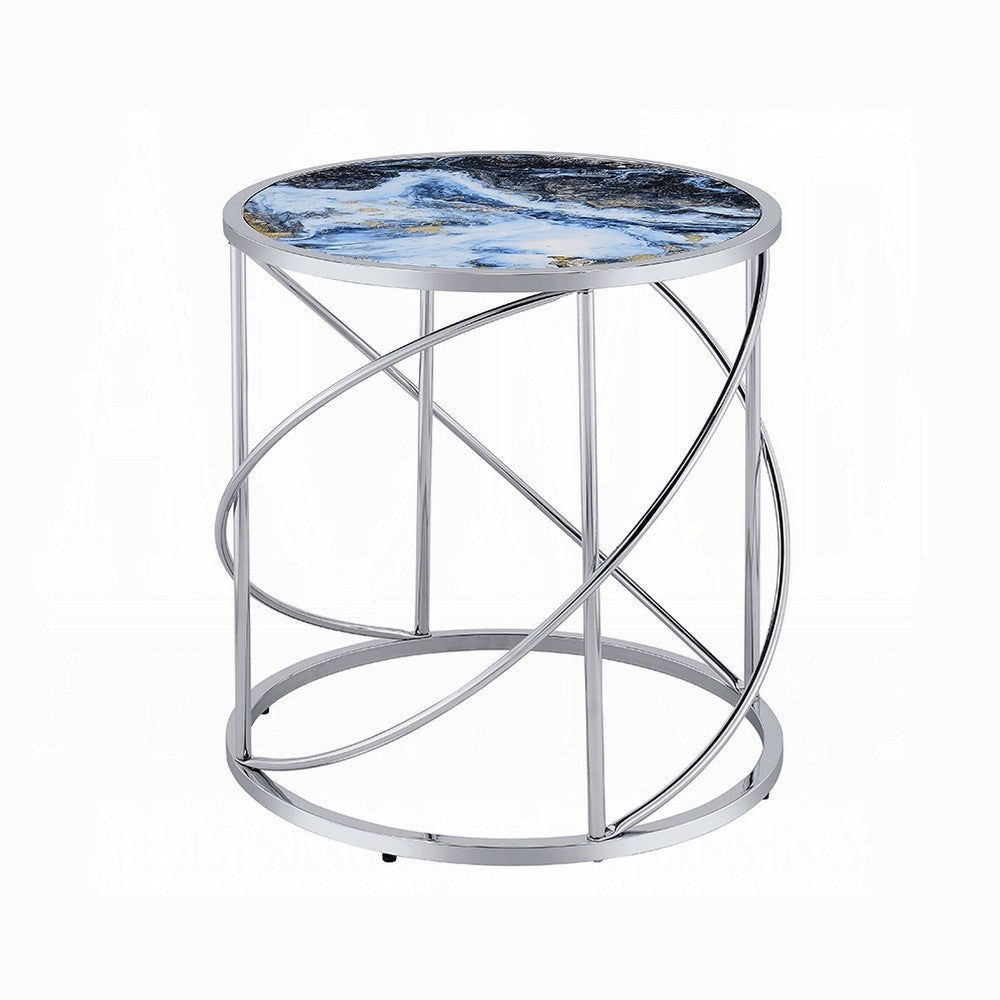 Shira Round Side End Table 22 Inch Open Chrome Base Blue Faux Marble BM324707