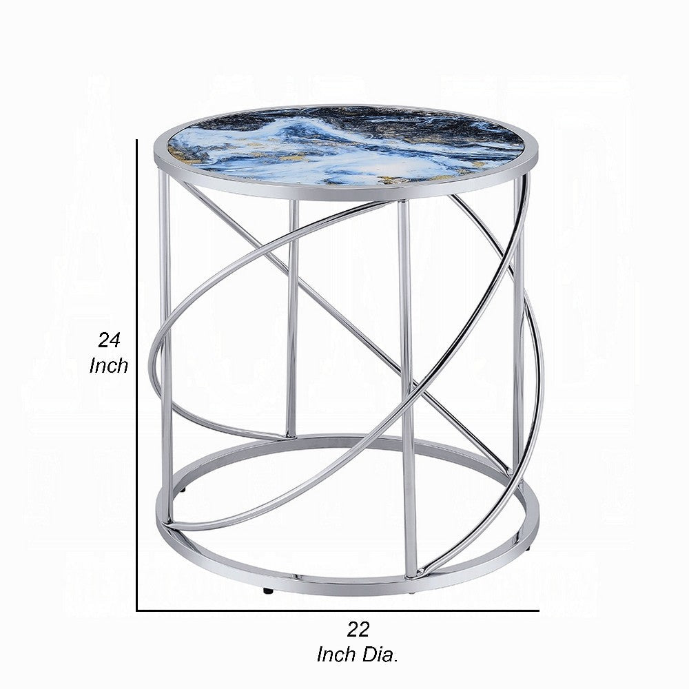 Shira Round Side End Table 22 Inch Open Chrome Base Blue Faux Marble BM324707