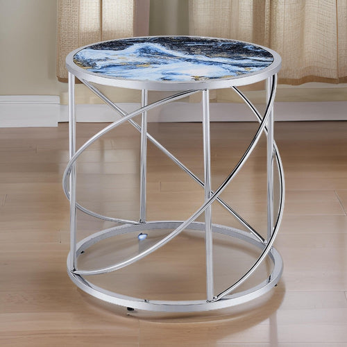 Shira Round Side End Table, 22 Inch, Open Chrome Base Blue Faux Marble