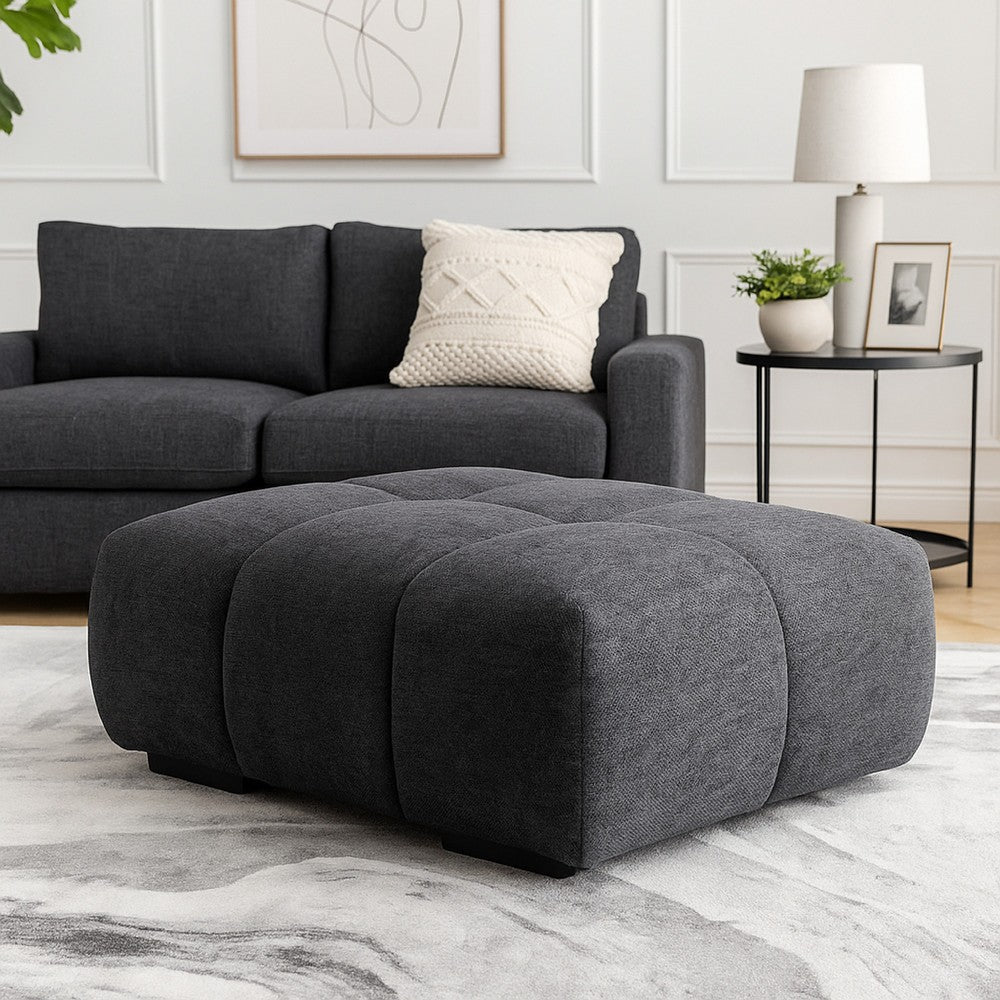 Cloe Modern Ottoman, Tufted Gray Linen Upholstery, 39x26 Solid Wood