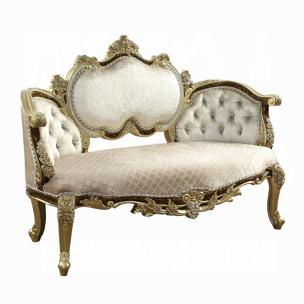 Mara Curved Bench Sofa, Wingback Crystal Tufted, Classic Gold Carvings