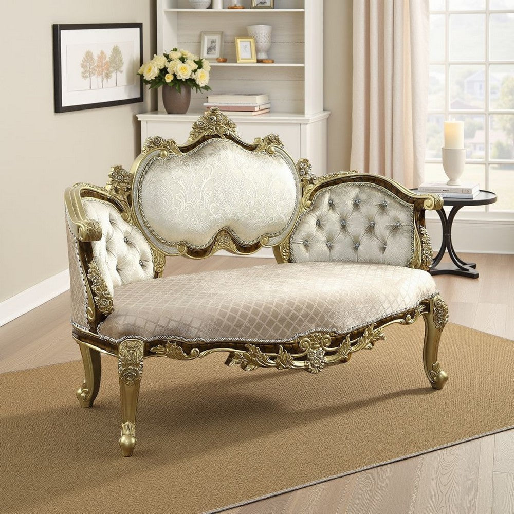 Mara Curved Bench Sofa, Wingback Crystal Tufted, Classic Gold Carvings