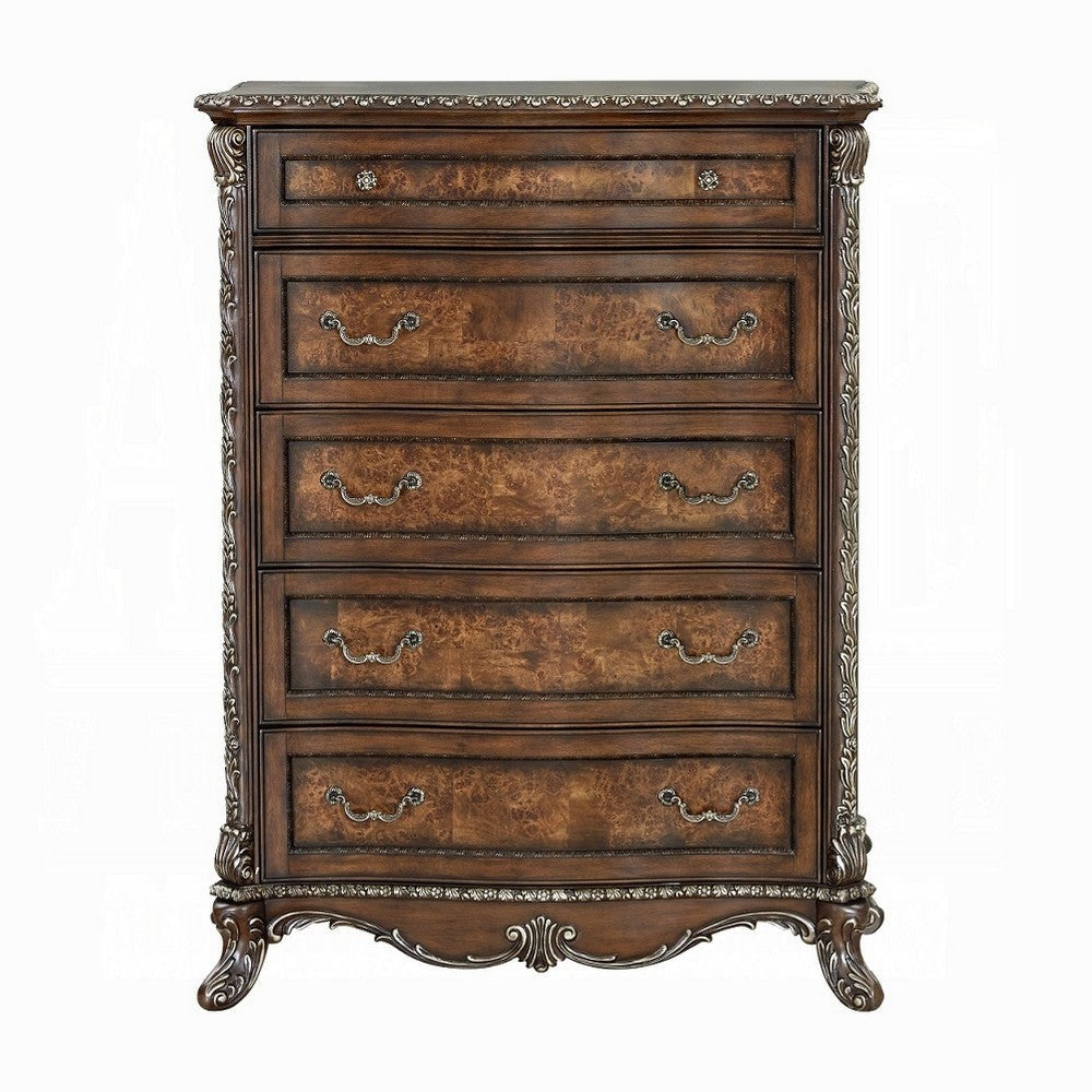 Vany Tall Dresser Chest Traditional Floral Trim Cherry Brown BM324712