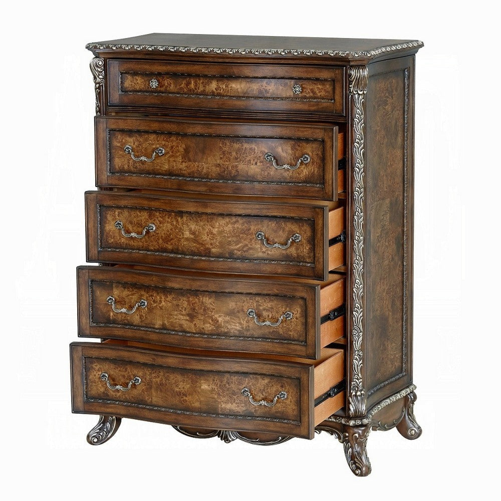 Vany Tall Dresser Chest Traditional Floral Trim Cherry Brown BM324712