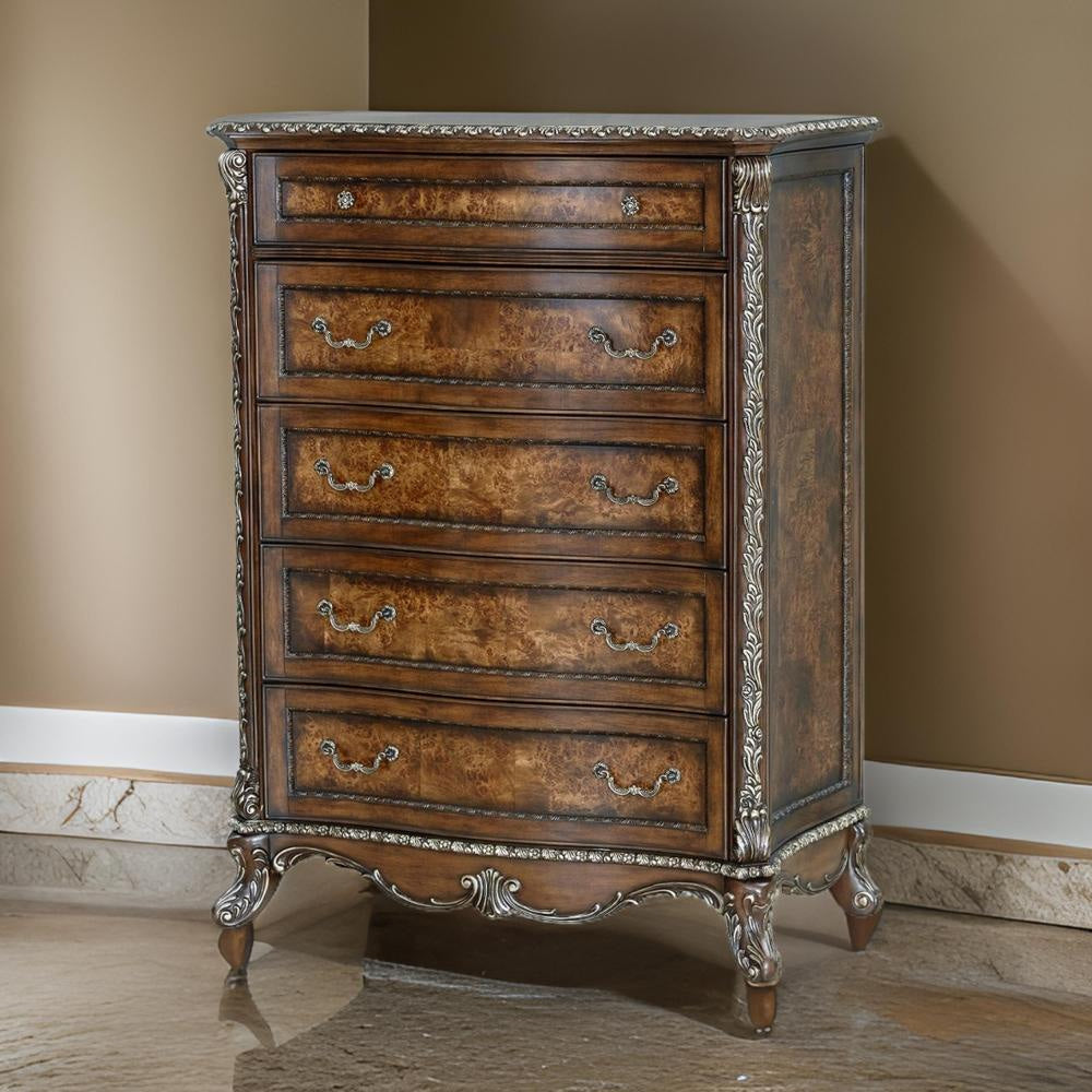 Vany Tall Dresser Chest, Traditional Floral Trim, Cherry Brown