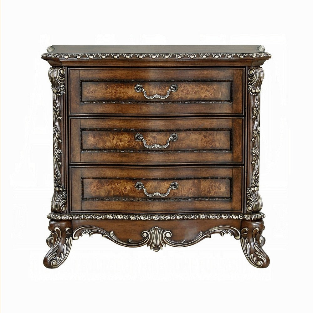 Vany Nightstand Traditional Floral Trim 3 Drawers Cherry Brown BM324714