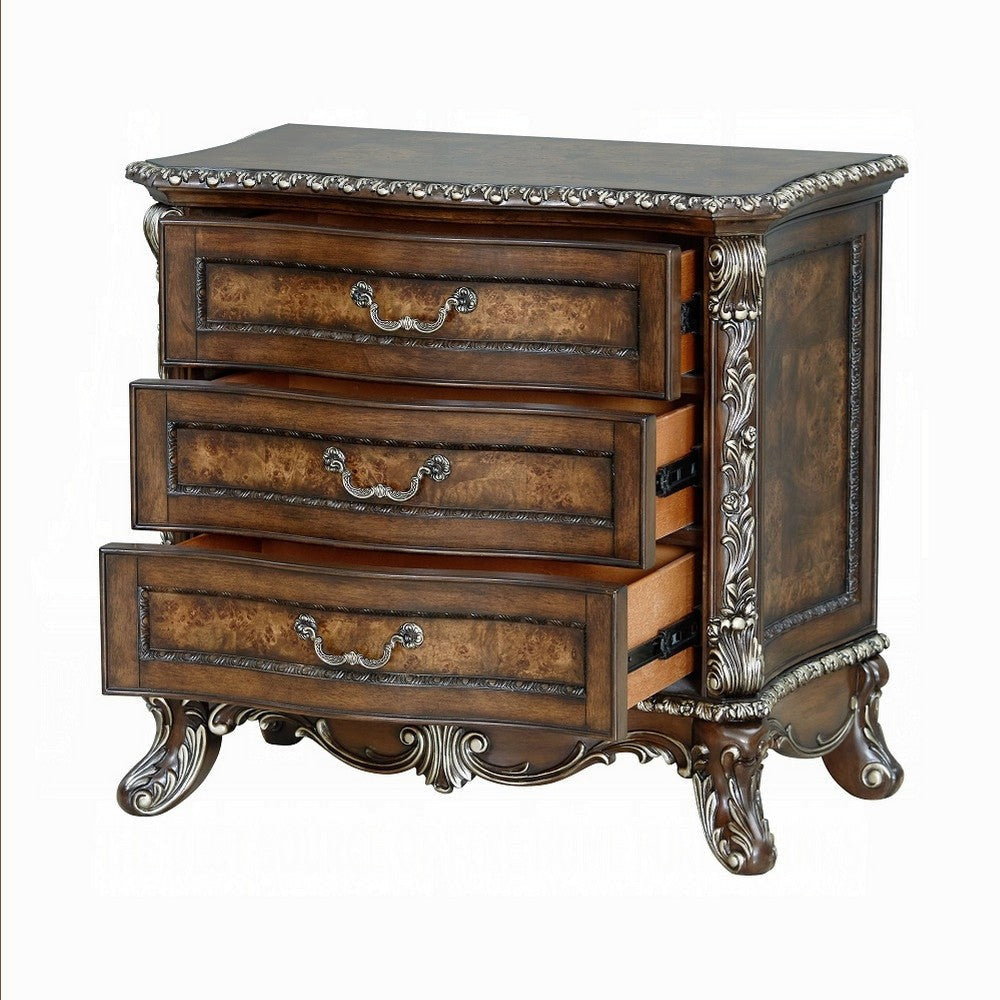 Vany Nightstand Traditional Floral Trim 3 Drawers Cherry Brown BM324714