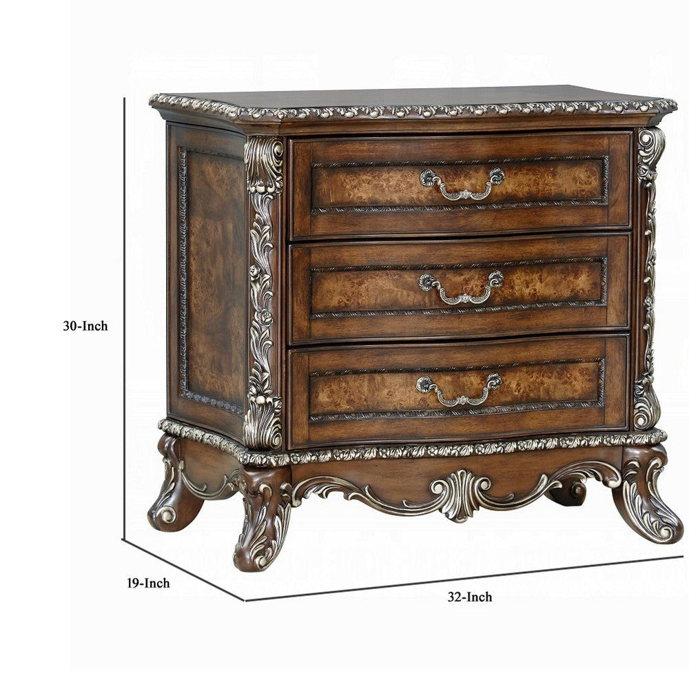 Vany Nightstand Traditional Floral Trim 3 Drawers Cherry Brown BM324714