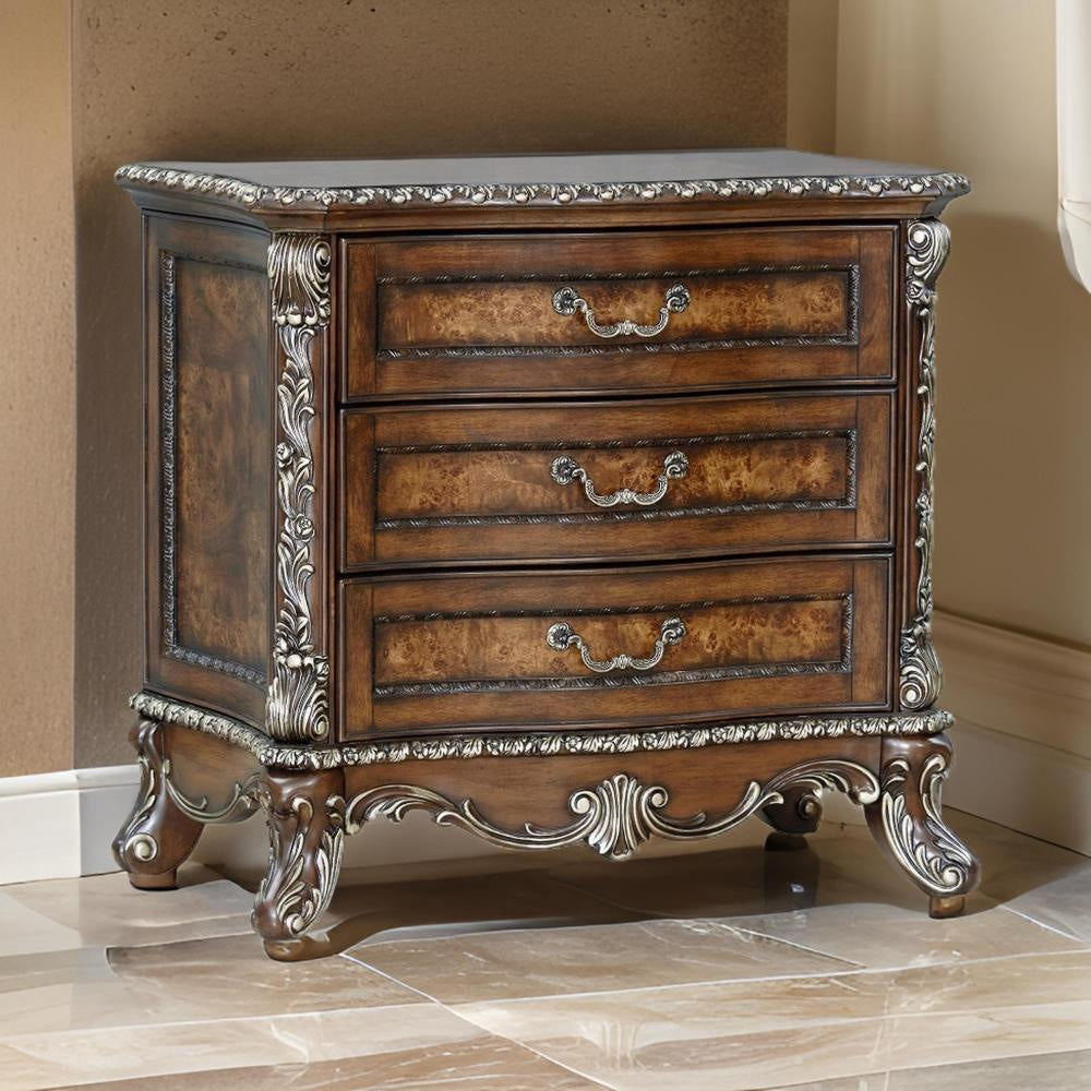 Vany Nightstand, Traditional Floral Trim, 3 Drawers, Cherry Brown