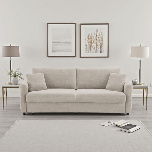 Isy Sofa with Pull Out Sleeper, Removable Cushions, 2 Pillows, Beige