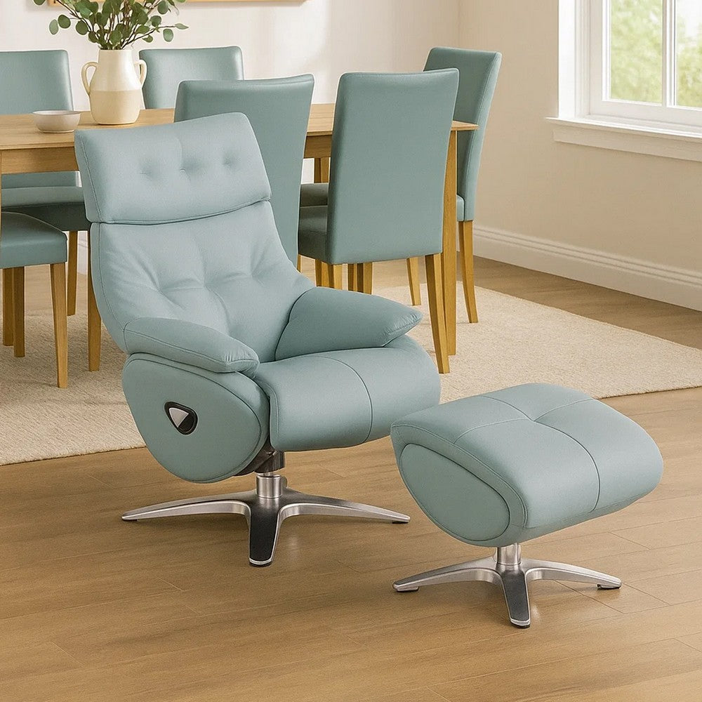 Fema Swivel Accent Chair w Ottoman, Light Blue Top Grain Leather