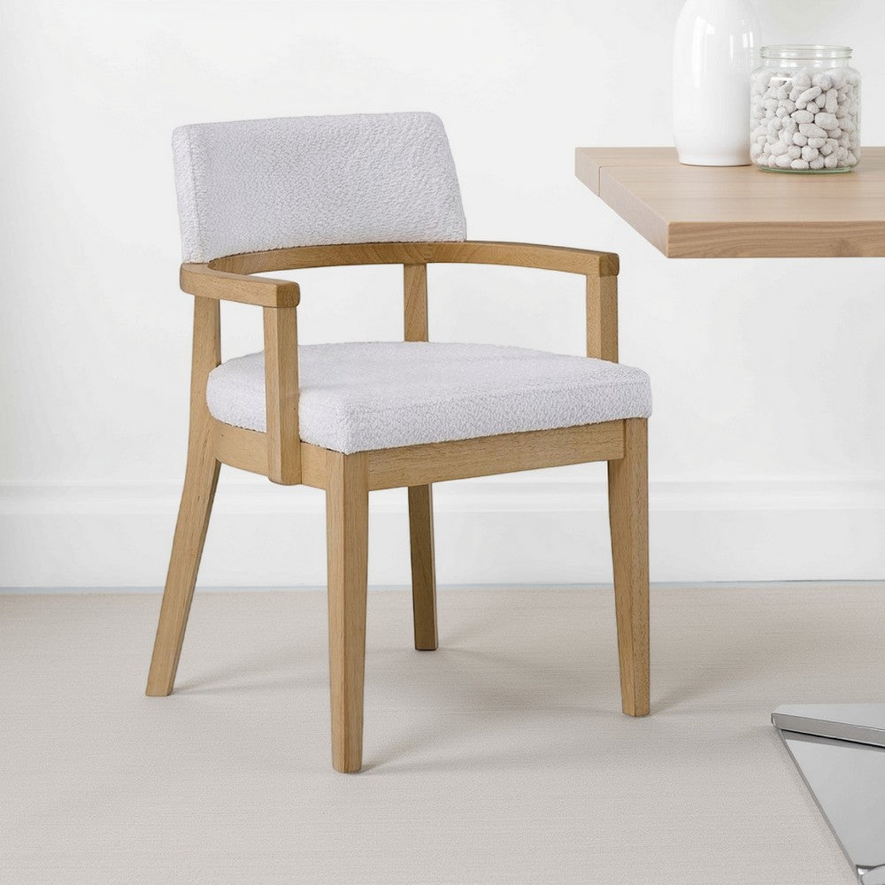 Semi Dining Armchair Set of 2, Curved Cutout Back, White Fabric, Brown