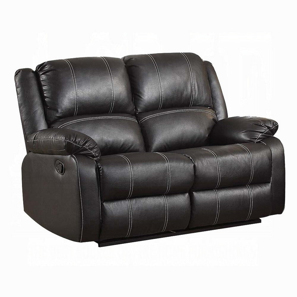 Zuru Motion Manual Recliner Loveseat, Pillow Top, Black Faux Leather