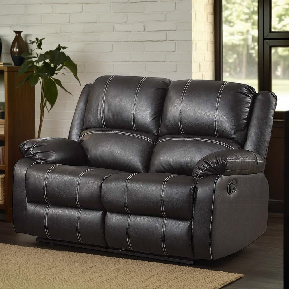 Zuru Motion Manual Recliner Loveseat, Pillow Top, Black Faux Leather