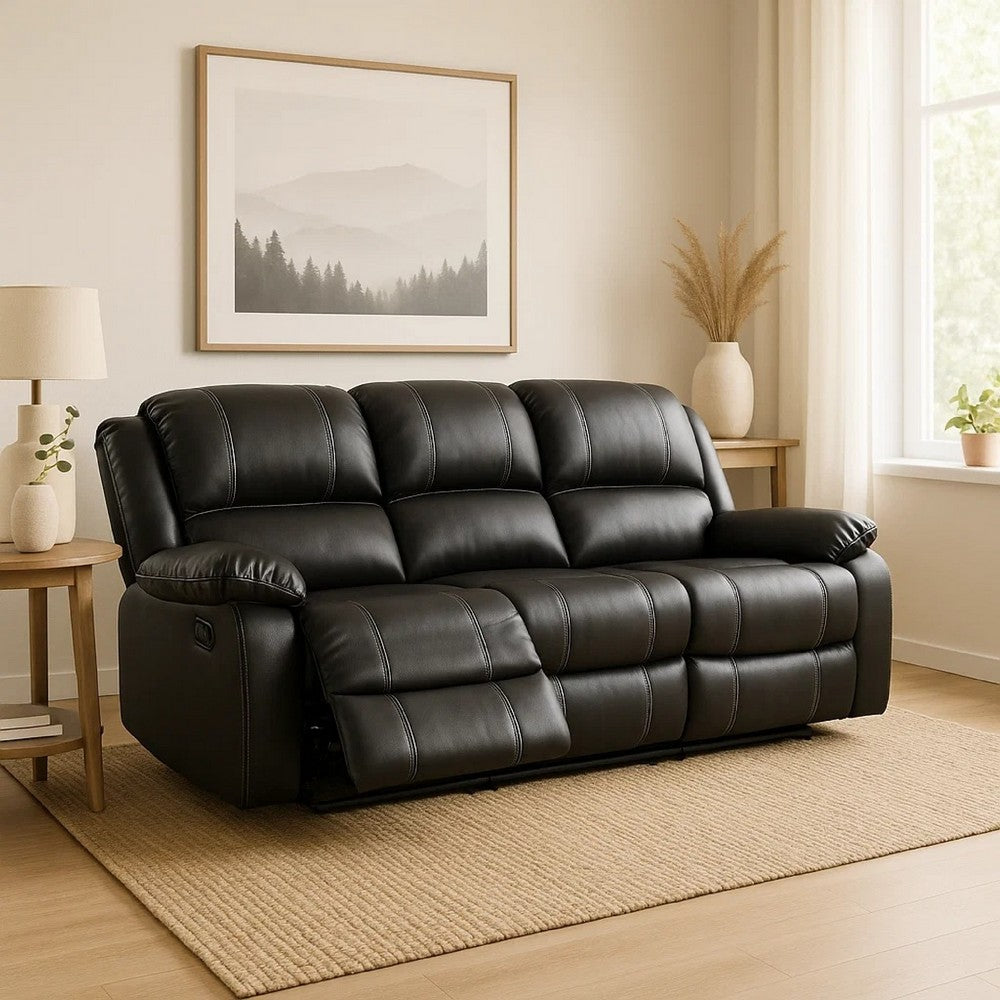 Zuru Motion Manual Recliner Sofa, 3 Seater, Plush Black Faux Leather