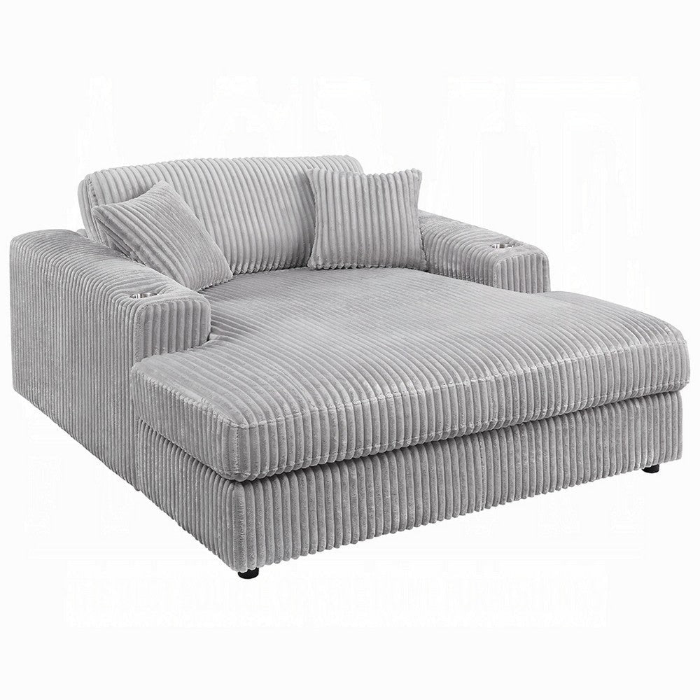 Liny Oversized Chaise, 2 Cupholders, 2 Pillows, Beige Velvet Corduroy