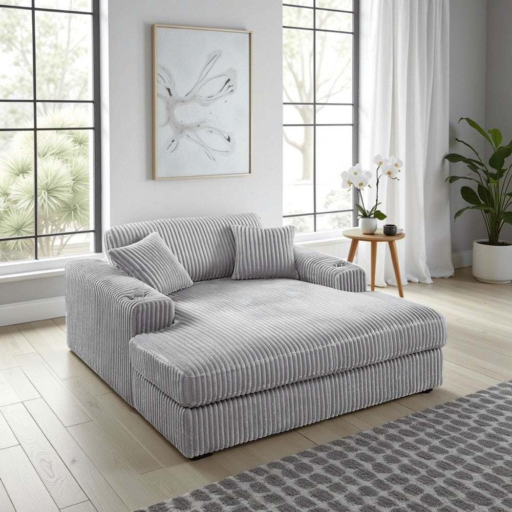 Liny Oversized Chaise, 2 Cupholders, 2 Pillows, Beige Velvet Corduroy