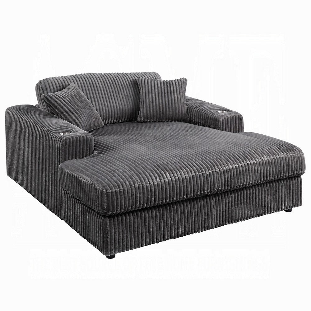 Liny Oversized Chaise, 2 Cupholders, 2 Pillows, Gray Velvet Corduroy
