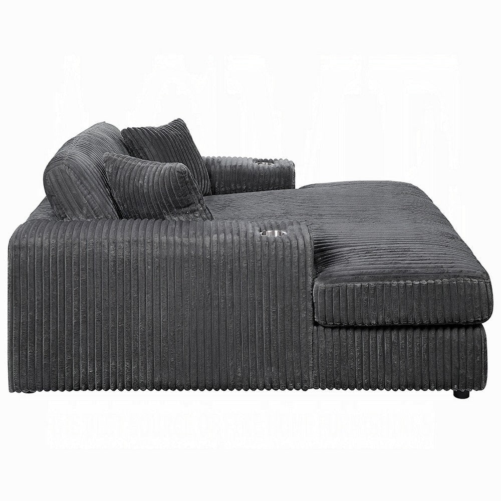 Liny Oversized Chaise 2 Cupholders 2 Pillows Gray Velvet Corduroy BM324742