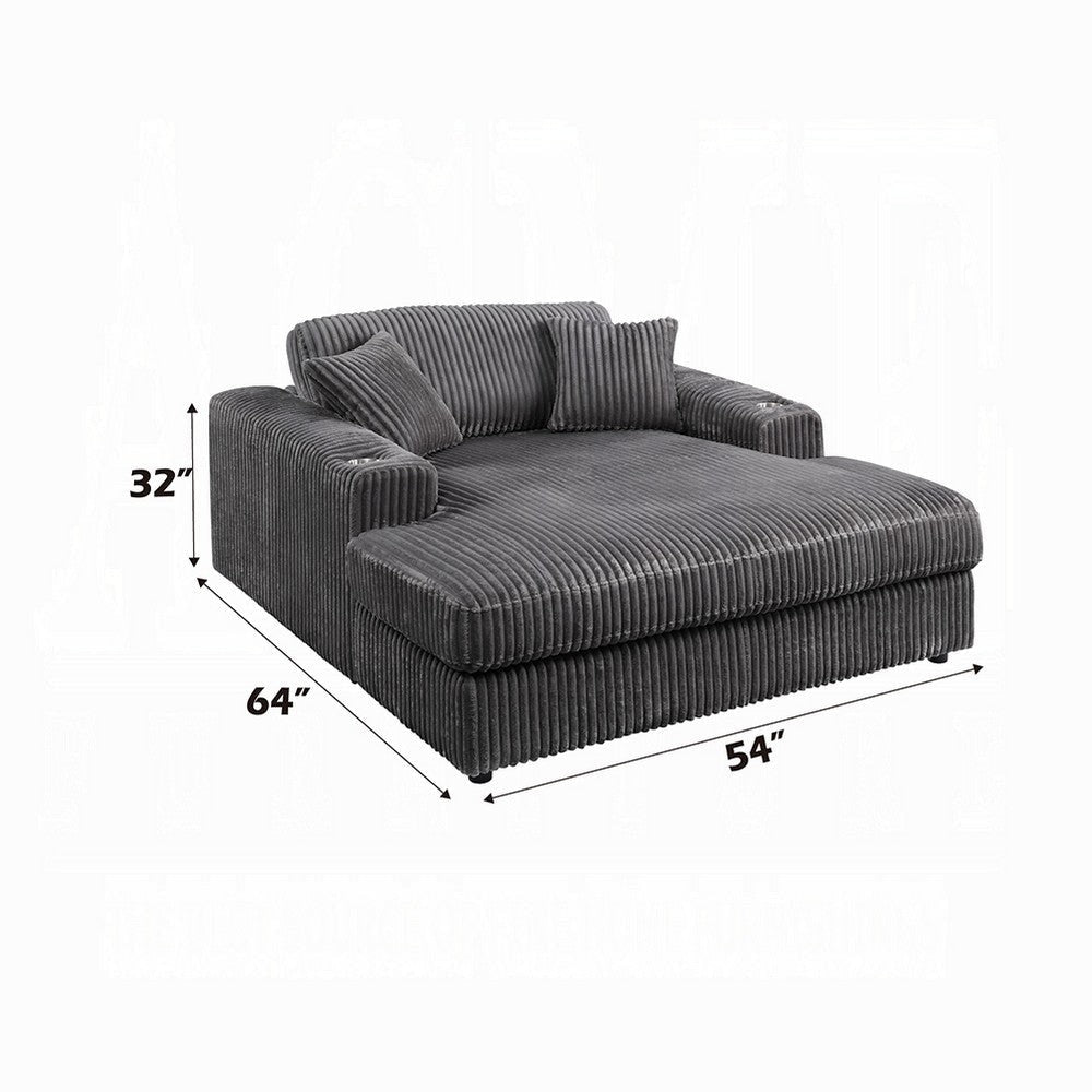 Liny Oversized Chaise 2 Cupholders 2 Pillows Gray Velvet Corduroy BM324742