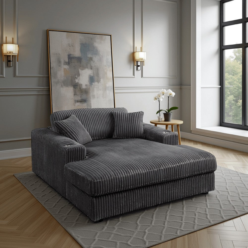 Liny Oversized Chaise, 2 Cupholders, 2 Pillows, Gray Velvet Corduroy
