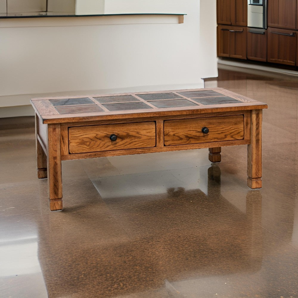 Marv Coffee Table, 2 Drawers, 49" Rectangular Top, Brown Slate Inlay