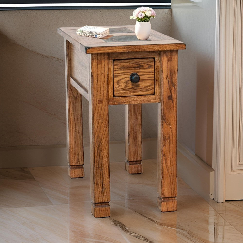 Marv Accent Chair Side Table, 25" Rectangular Top, Drawer, Brown Wood