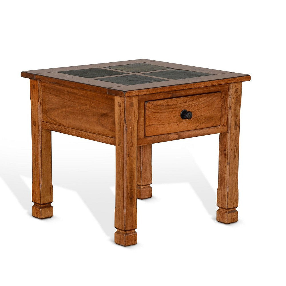 Marv Side End Table w Drawer 26’’ Square Slate Inlay Top Brown Wood BM324745