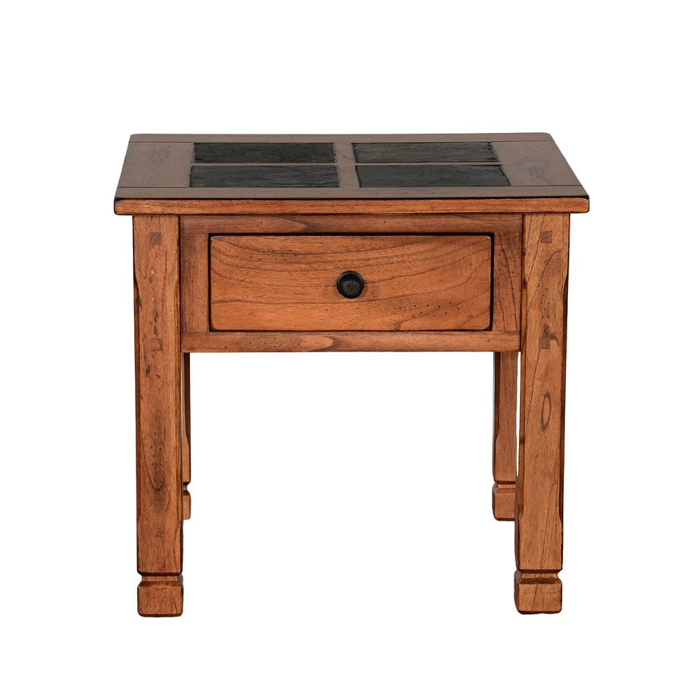 Marv Side End Table w Drawer 26’’ Square Slate Inlay Top Brown Wood BM324745